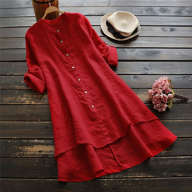 

Womail Blouse Women's Casual Loose Blouse Solid Color Button Cotton And Linen Thin Long-sleeved Long Shirt Blouse Dropship Mar27