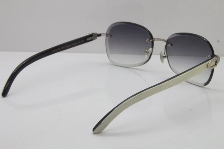 2018 New Cartier Rimless  T8200847 White Mix Black Buffalo Horn Sunglasses in Silver Gray Lens (8)