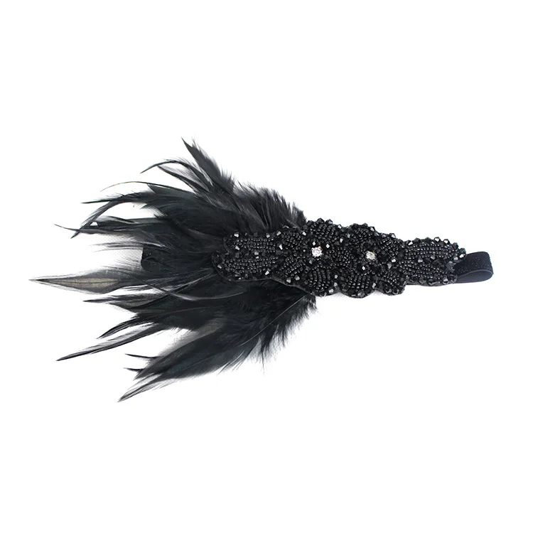 Винтажная повязка на голову с перьями, головной убор 1920 s, бежевый, черный бриллиант, повязка на голову для карнавала, вечерние украшения
