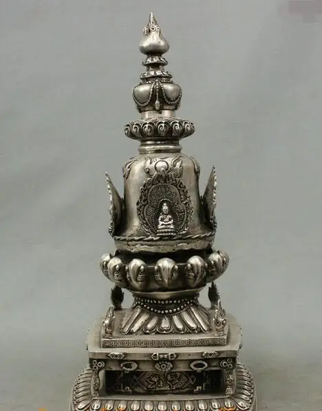 16 "Китайский Тибетский Буддизм Серебряный Благоприятный Лотос Будда Статуя Пагода Башня быстро