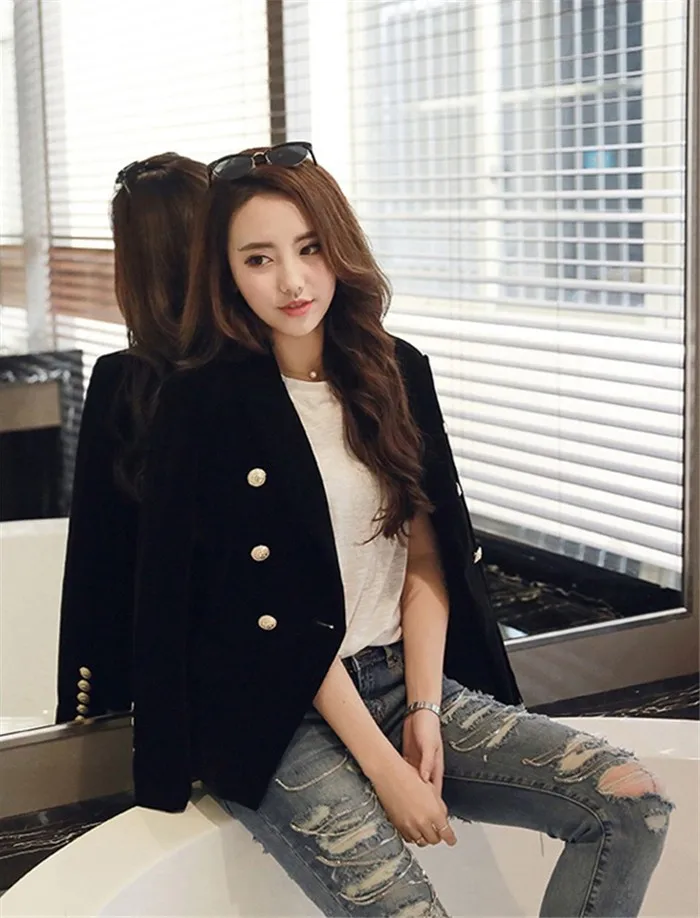 2016 New Spring Fashion Women Midnight Navy Slim Velvet Blazer Jacket Double Breasted simple Lady Blazers (19)