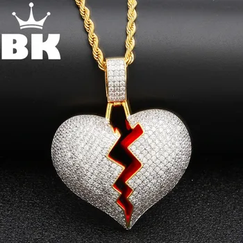 

New Solid Broken Heart Iced Out Pendant & Necklace Statement Gold Color Cubic Zircon Necklace Hip Hop Men's Jewelry Gifts