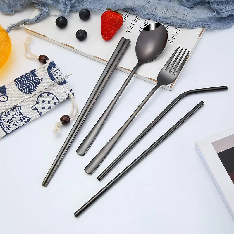 

1set 5pcs Stainless Steel Reusable Straw Metal Drinking Straws with Spoon Chopsticks Brush Fork In Carry Bag Bar Accessories