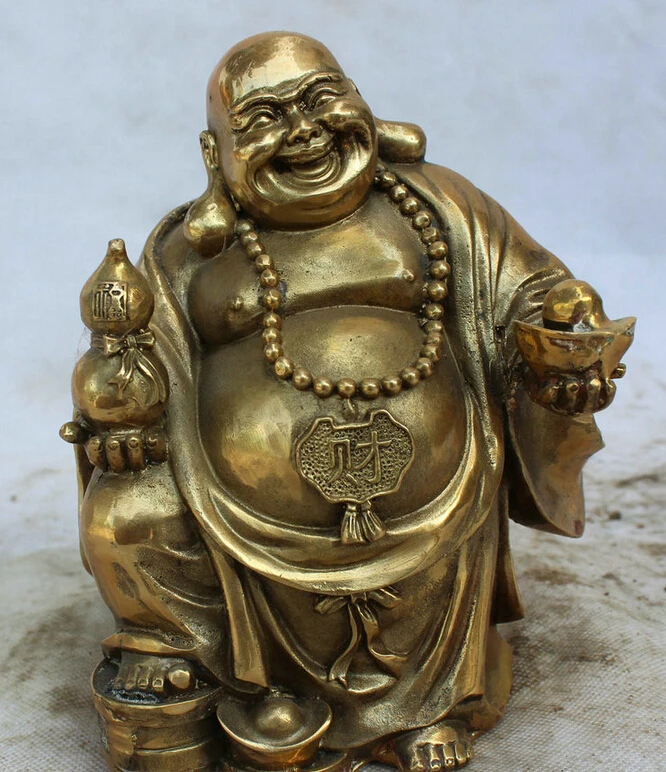 

USPS to USA S1984 7" Chinese Buddhism Brass Wealth cucurbit Happy Laugh Maitreya Buddha Statue (B0328)
