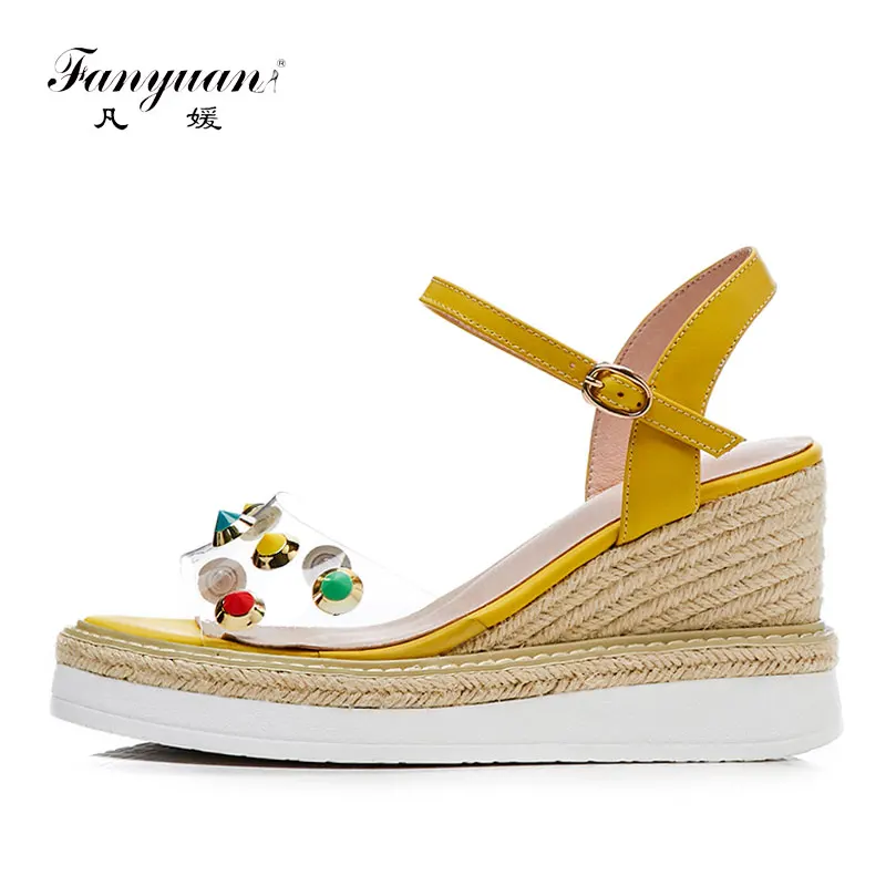

Fanyuan Brand Leather Straw Wedge Sandals Summer Transparent Jelly Shoes Woman Sandals Colorful Rivet High Heel Platform Shoes