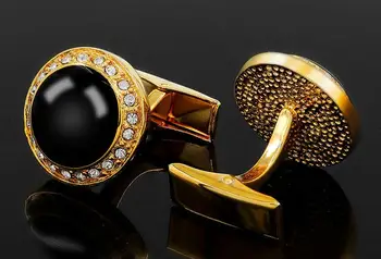 

10pairs/lot Quality Round Golden Crystal Cufflinks With Black Onyx Inlaid Cuff Links Men's Jewelry Wedding/Business Gift