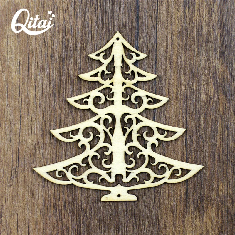 

QITAI 12 Pieces/lot Christmas trees Wooden Products Nature Wood Color DIY Scrapbook Handmade by children home decoration WF109