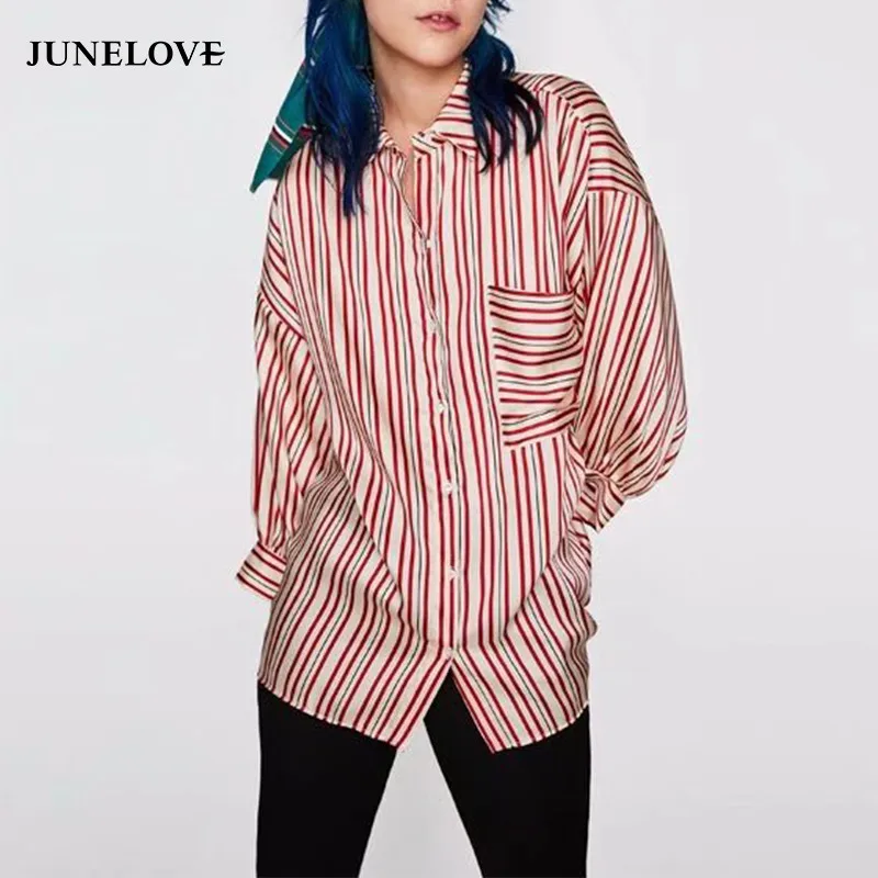 JuneLove 2022 women spring casual printed casual female shirts loose pockets full sleeve blouse turn down collar blusas