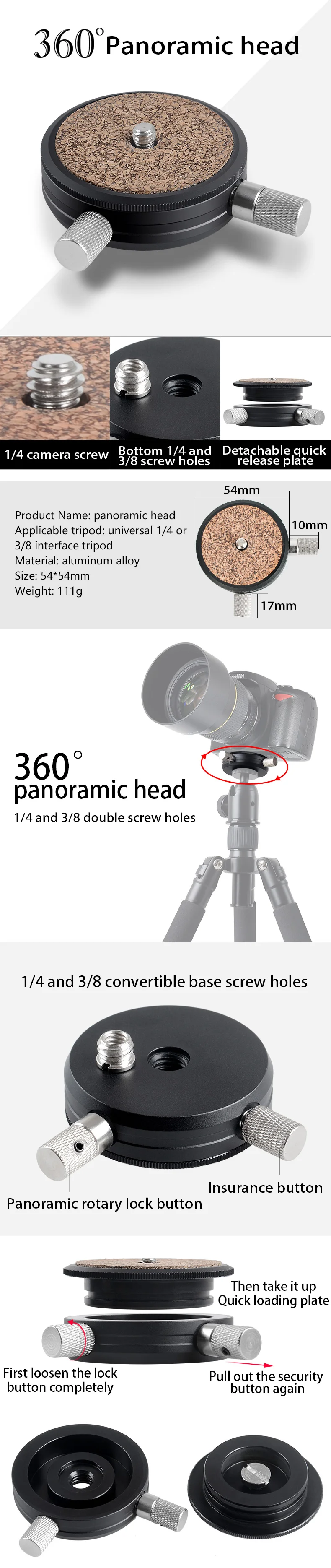 360 градусов Поворот Штативная головка Камера выстрел с панорамной головкой для DSLR Камера монопод Штатив для фото и видео с 1/4 3/8 винт-адаптер с наружной резьбой