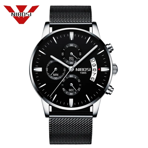 NIBOSI Роскошные мужские часы кварцевые ультра тонкие часы мужские водонепроницаемые спортивные модные часы мужские повседневные наручные часы Relogio Masculino - Цвет: Silver Black HAlloy
