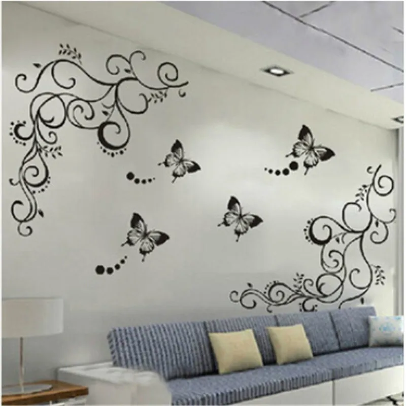 

classic black butterfly flower vine wall stickers home decor living room TV sofa background diy adesivo de parede pvc decals art