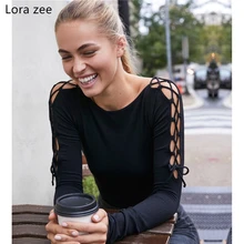 LORA ZEE с боковым галстуком, трикотажные топы с длинным рукавом для тренировок, темно-синие укороченные женские рубашки, накрест-накрест, одежда для активного отдыха, для спортзала, йоги, топ, Спортивная футболка