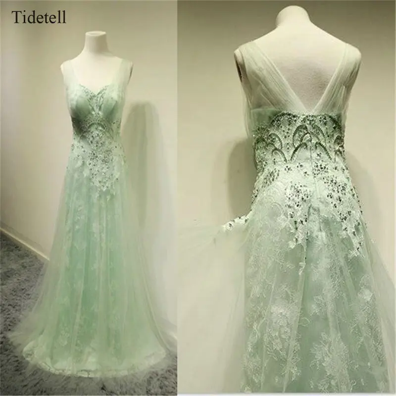 Tidetell Prom Dresses V-Neck Sleeveless Tulle Beaded Long Lace Open Back Pretty For Sparkling Cheap Evening | Свадьбы и торжества