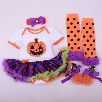 

4PCs per Set Baby Girls' Halloween Orange Pumpkin Tutu Dress Infant Costume Outfit Headband Shoes Leg Warmers