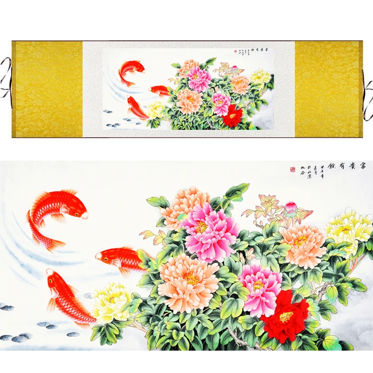 

Traditional Chinese Silk watercolor flower and birds ink Peony Fish carp print canvas wall picture damask framed scroll painting