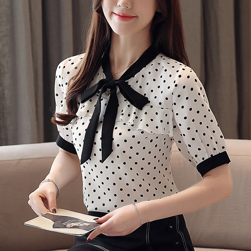 

2019 summer new short-sleeved women chiffon blouse female wave point bow shirt Polka dot temperament top