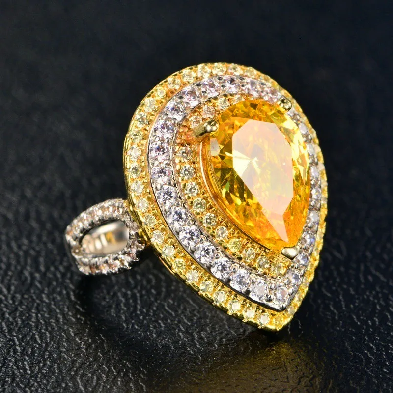 

Luxury Female Big Yellow Water Drop Ring Fashion 925 Silver Crystal Zircon Stone Wedding Rings For Women Promise Engagement Ring