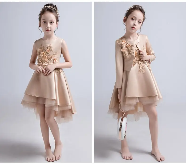 Детские вечерние кружевные платья с аппликацией для девочек торжественное свадебное платье для девочек-подростков+ пальто, 2 предмета, детские платья принцессы с блестками и жемчугом, Q189