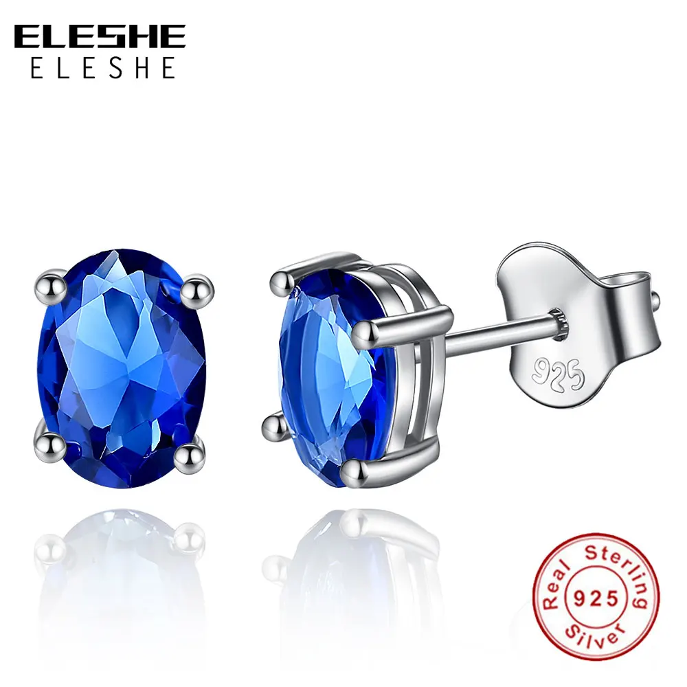 ELESHE 2019 New Fashion 100% 925 Sterling Silver Stud Earrings with Blue Austrian Crystal Earrings for Women Wedding Jewelry