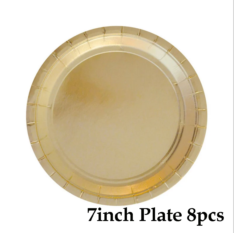 7 inch Plate 8pcs Золото Фольга вечерние одноразовая посуда Рождество Год Вечерние бумажные тарелки и стаканы на день рождения поставка Соломинки торт украшает - Цвет: 7 inch Plate 8pcs