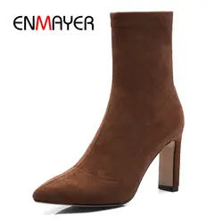 ENMAYER/Новые Модные женские ботильоны из эластичной ткани с острым носком на квадратном каблуке, женские ботинки на высоком каблуке, ZYL753
