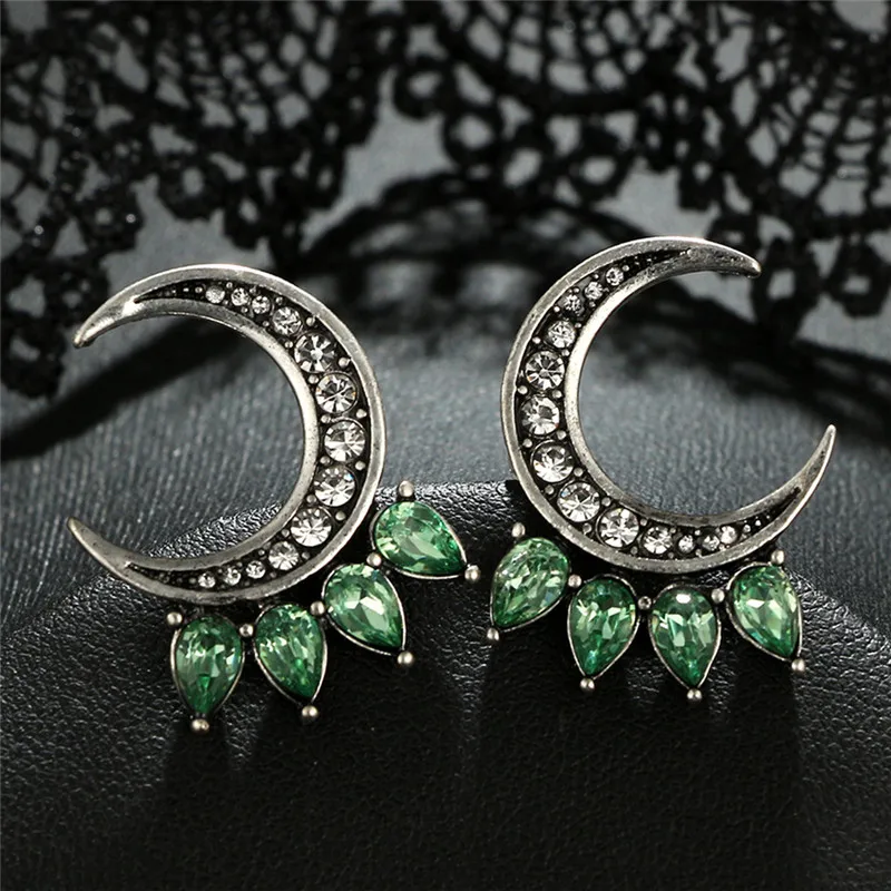 

Fashion Korean Green Crystal Water Drop Moon Stud Earrings Trendy Women Earrings Jewelry