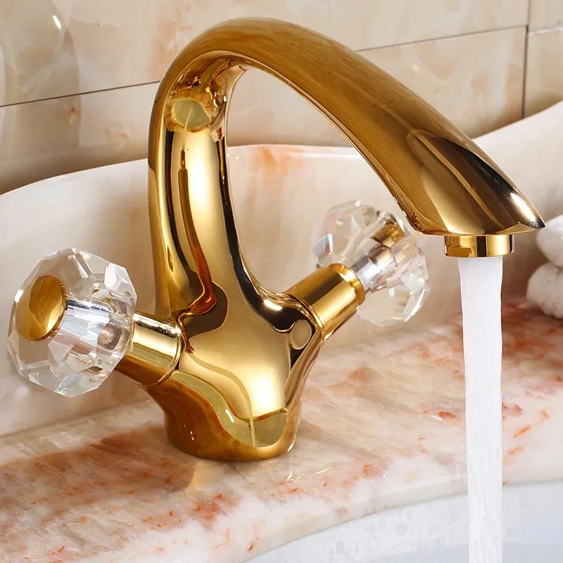 

All-copper European gold-plated basin faucet hot and cold Golden faucet Antique basin double-handle crystal faucet LU41224