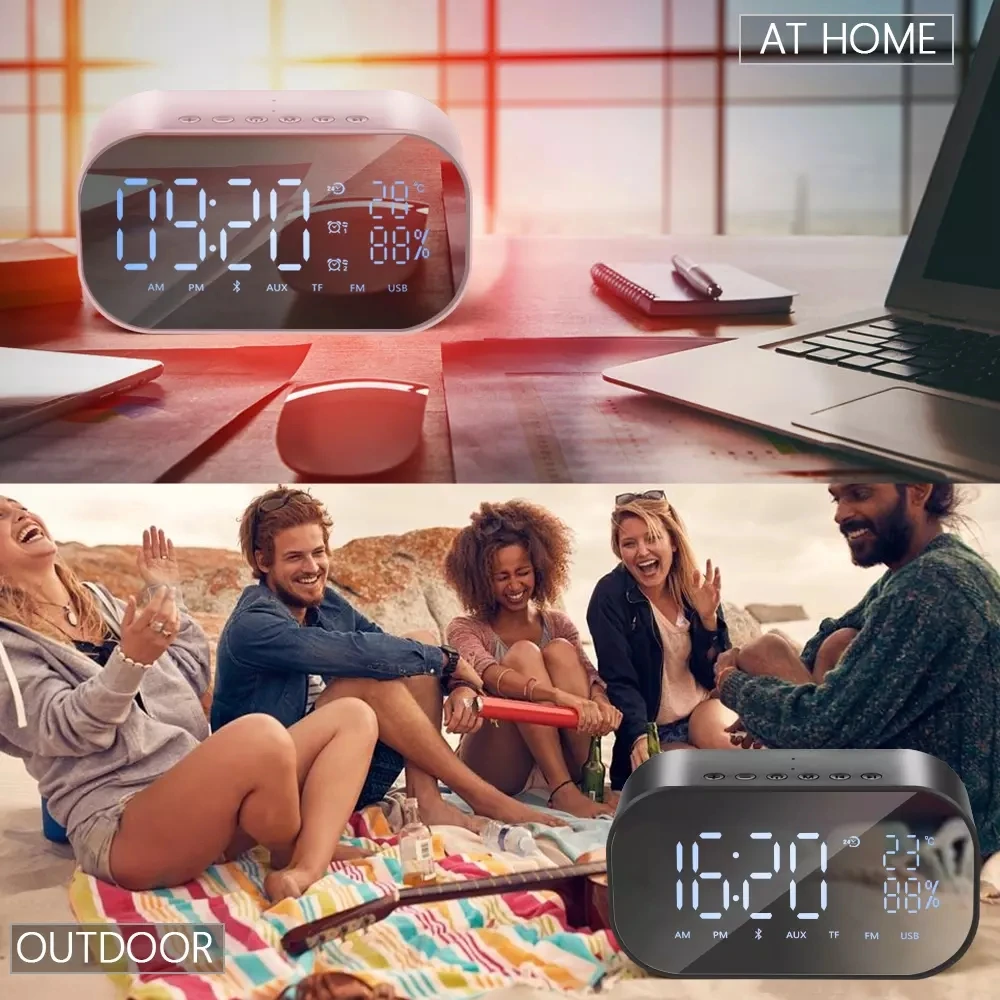 Q9 Bluetooth Speaker LED Alarm Clock With FM Radio AUX TF Portable Wireless Speaker Outdoor Music Player Mirror Surface Altavoz (17)