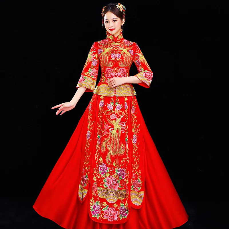 2018 Для женщин феникс вышивка Cheongsam Длинные Qipao Традиционный китайский свадебное платье Oriental Стиль платья Китай Костюмы магазине