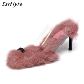 

ESRFIYFE 2019 New Summer PVC Transparent Slippers Open Toes Shearling High Heel Women's Shoes Thin Heels Slippers Model Shoes
