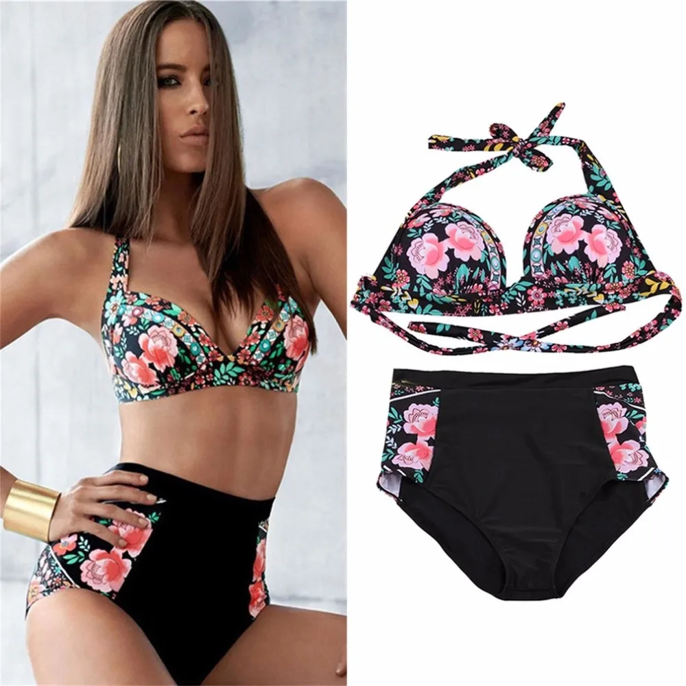 

Vintage Rose Flower Printed Pattern Bikini High Waist Split Swimsuit With Steel Prop With Chest Pad High Elastic Swimwear New