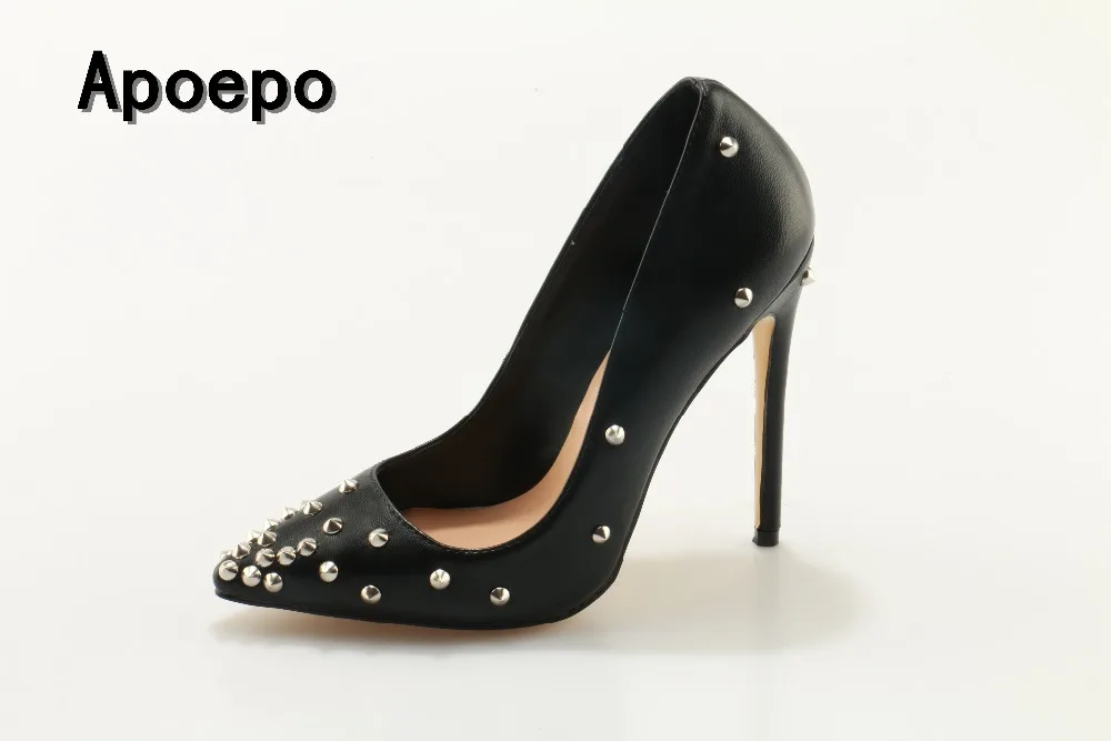 

New Brand Black leather rivets studded high heel shoes sexy woman pumps 2018 slip-on stiletto heels super high dress shoes