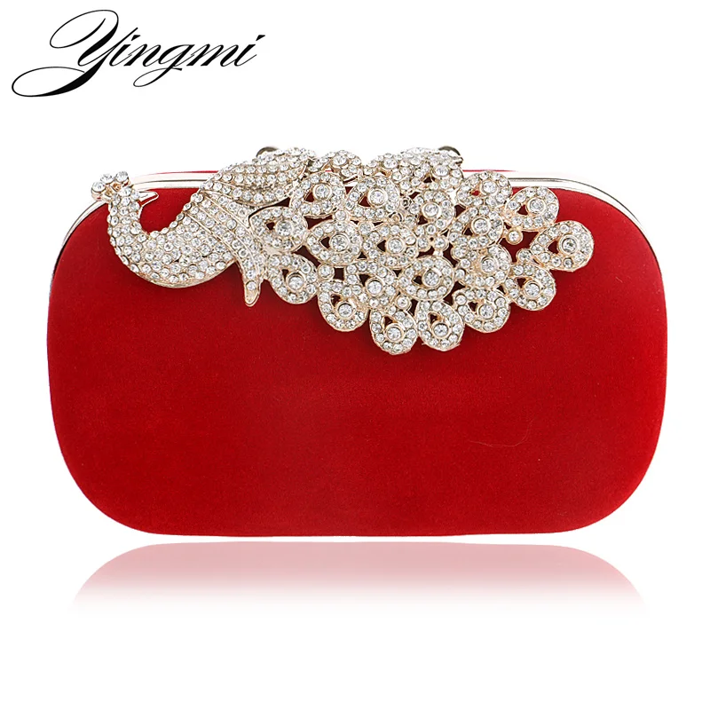 Luxury diamonds peacock women clutch bags velvet rhinestones evening bags for wedding bridal party wallet with