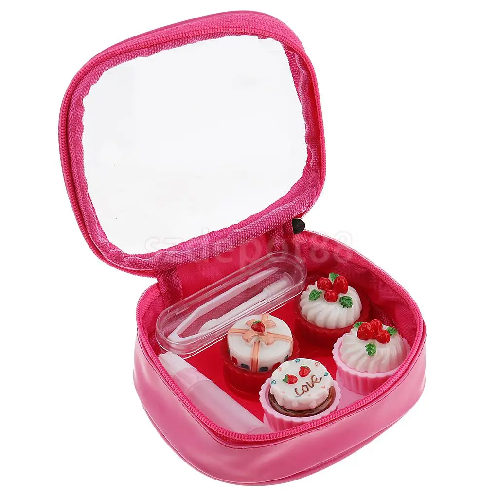 2 Set Mini Contact Lens Box Travel Cartoon Cute Cream Cake Contact Lenses Holder with Storage Zipper Pouch Black/ Rose Red
