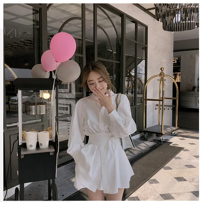 womens suit set High Quality summer fashion white long shirt casual suit female Lantern sleeve + wide leg short pant two-piece suit with belt lounge wear