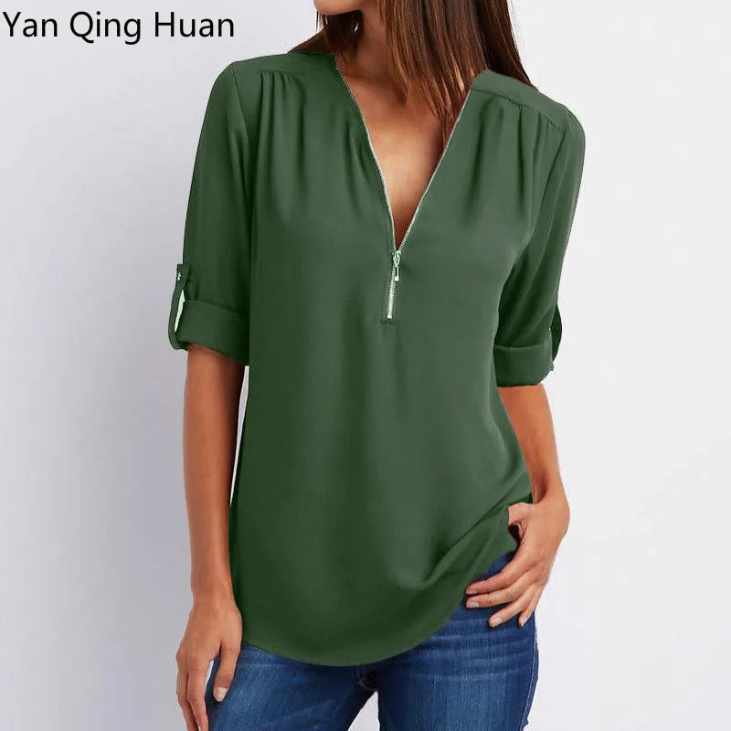 

S-5xl Yanqinghuan Europe And America V-neck Zipper Large Size New Blouses Seven-quarter Sleeve Loose Women's Chiffon Shirt Tops