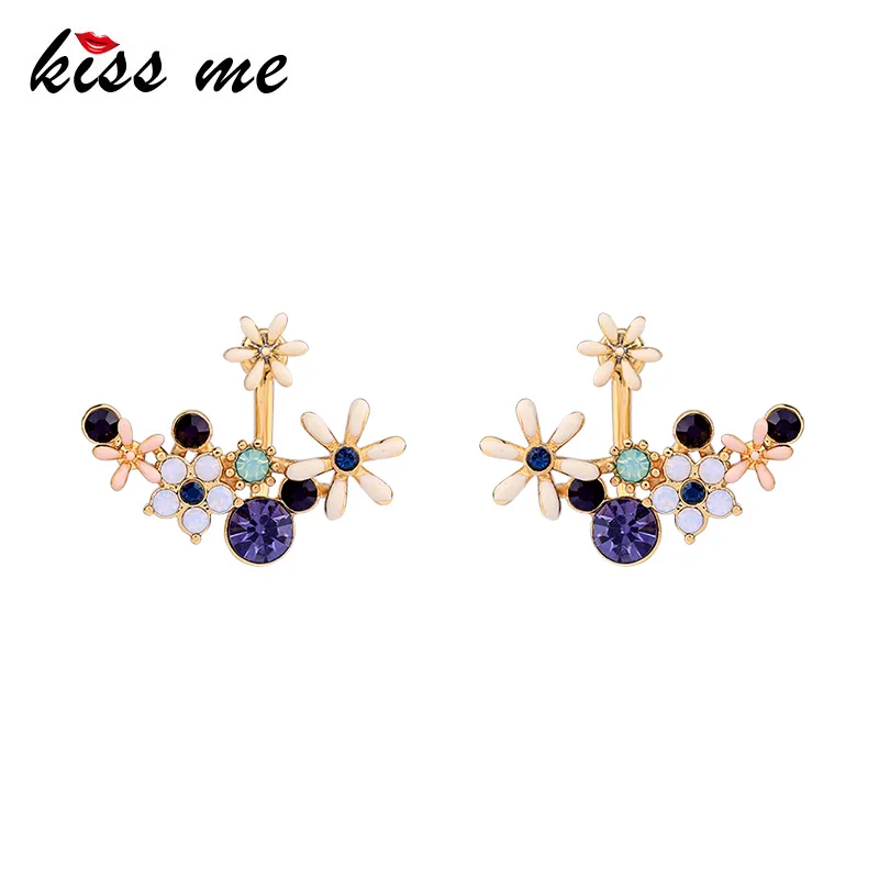 KISS ME Women Flower Stud Earrings Korean Fashion Copper Enamel Crystal Earrings Wedding Jewelry