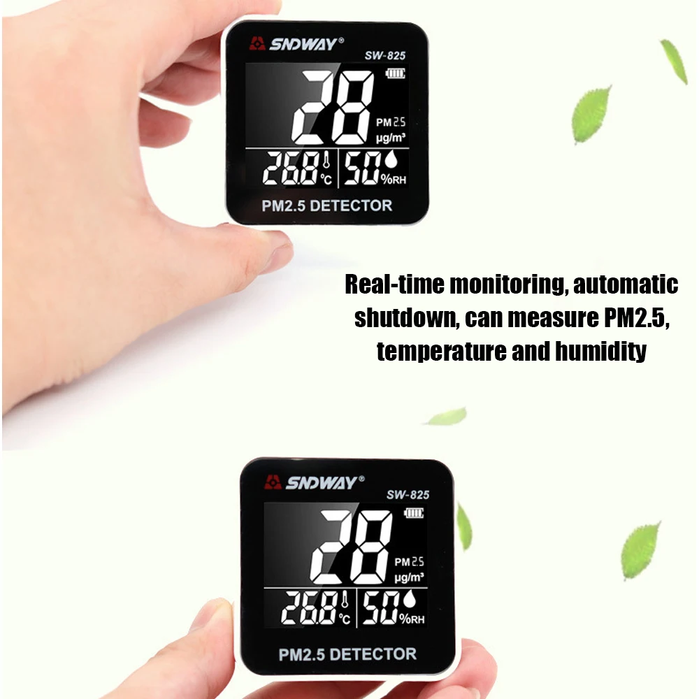 

SW-825 Pm2.5 Detector Temperature Humidity Meter Digital Air Quality Monitor USB Rechargeable Alarm Value Can Set Gas Analyzer