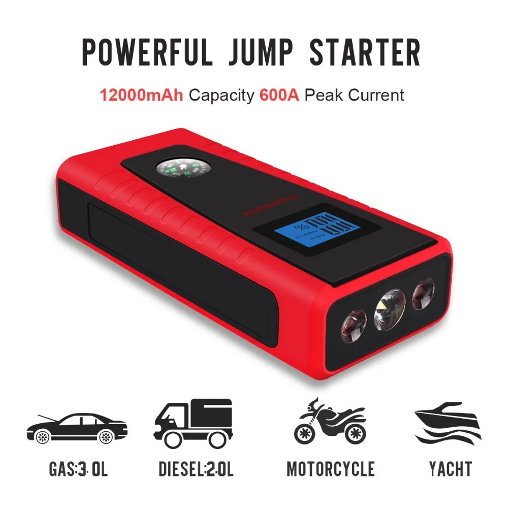 

PUSHIDUN Car Jump Starter 12000mAh with Air Comperssor&Smart clip Cable 600A Peak Current Power Bank Car Charger for Car