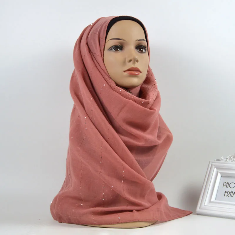 Блестящий простой хлопковый шарф с блестками хиджаб мерцающий кашне в мусульманском стиле, однотонный Бандана с бахромой, мусульманский хиджаб, шарфы 10 шт./Lo
