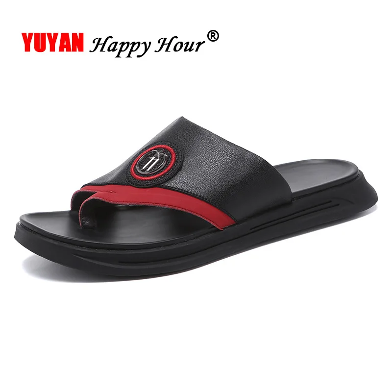 

Cow Leather Sandals Men Summer Shoes Male Flip Flops Fashion Mens Beach Sandals Genuine Leather Black Slippers KA1356