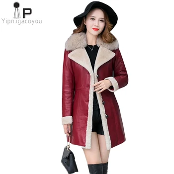 

Ladies Winter Leather Jacket Faux Sheepskin Black Long Coat New Plus Size Fur Collar Warm Female Jacket Fashion Fur Coat PU 4XL