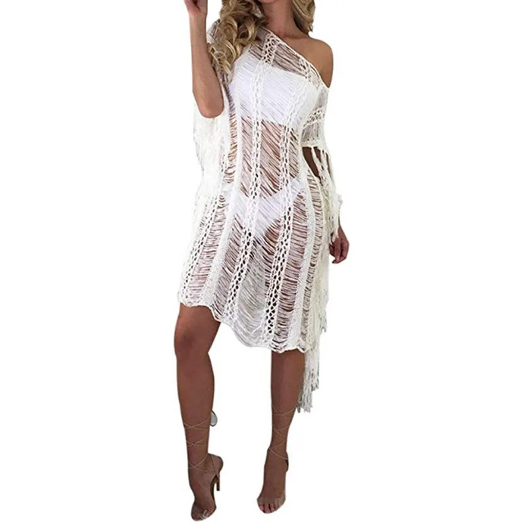 

2019 Sumemr Soild Lace Tassels Bikini Cover Up Swimwear Women Swimsuit Hollow Out Perspective Kaftan Beach Dress Beachwear Pareo