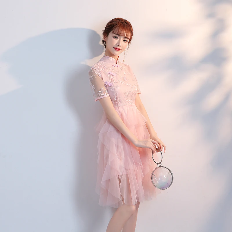 

Chinese Traditional Women Dress Vestido Women's Cheongsam Qipao Flower Wedding Party Dress Bridesmaids Dresses Pink Color