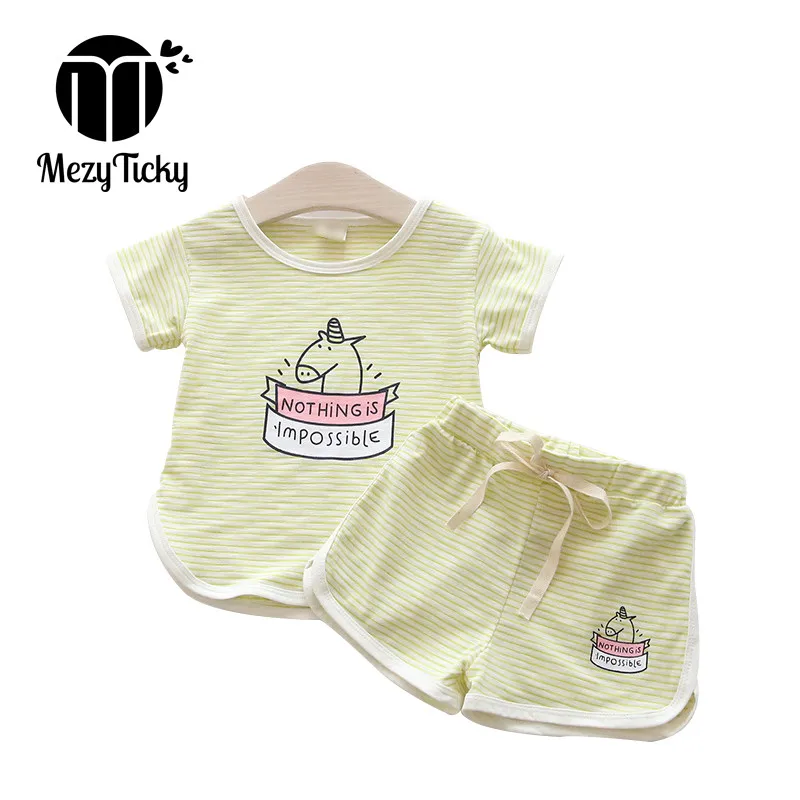 

MezyTicky Summer Baby Newborn Striped T-shirt pants clothing sets boys girls Toddler children pony printed Casual clothes suit