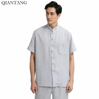 

New Light Gray Chinese Men's Summer Shirt Male Linen Cotton Short-sleeve Blouse Hombre Camisas Size S M L XL XXL XXXL 2709-2