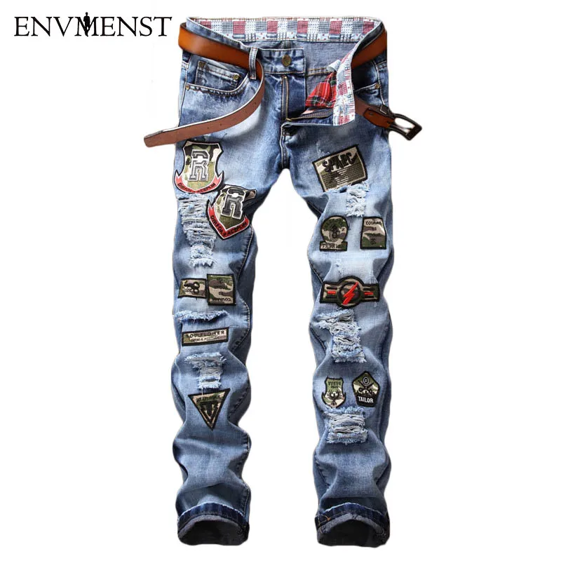 

2017 MEN JEANS fashion slim fit letters Patch Appliques jeans Male plus size casual blue denim pants Long trousers big size 38