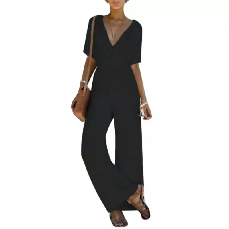 

Summer Elegant Women Solid Ol Work Wide Leg Pants Loose V Neck Short Sleeve Rompers Cross Strap Waist Romper Neck Ladies