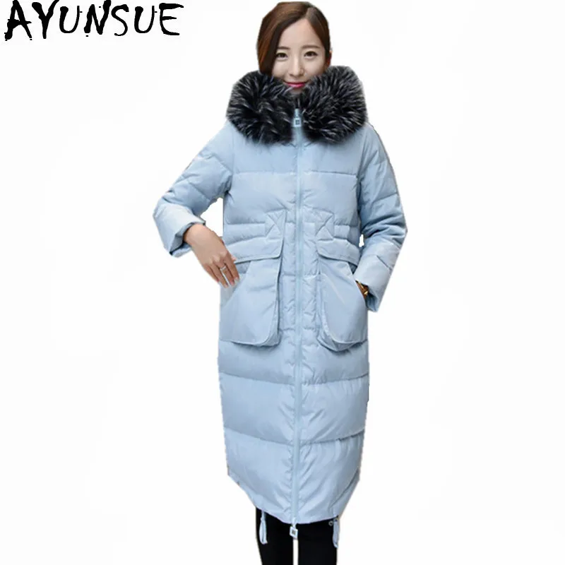 

AYUNSUE Raccoon Fur Collar Women's White Duck Down Jackets Warm Coat Female Winter Jacket Women Long Parka Chaqueta Mujer WXF463