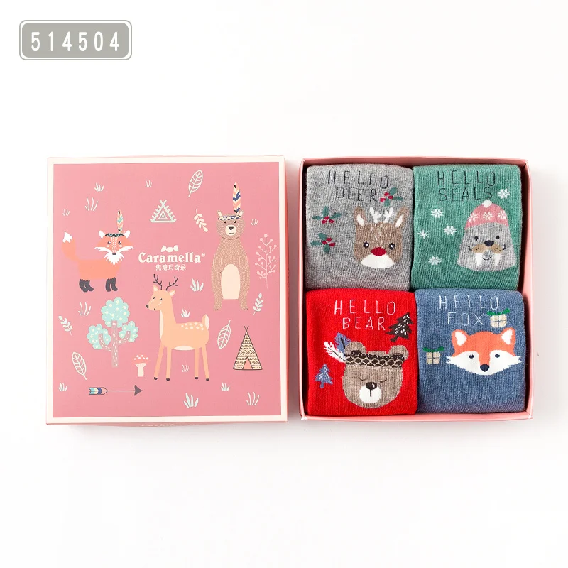 Caramella/комплект подарочной коробки, 4 пары, новые зимние женские носки, короткие носки с рождественским оленем, удобные забавные женские Носки с рисунком лисы и собаки